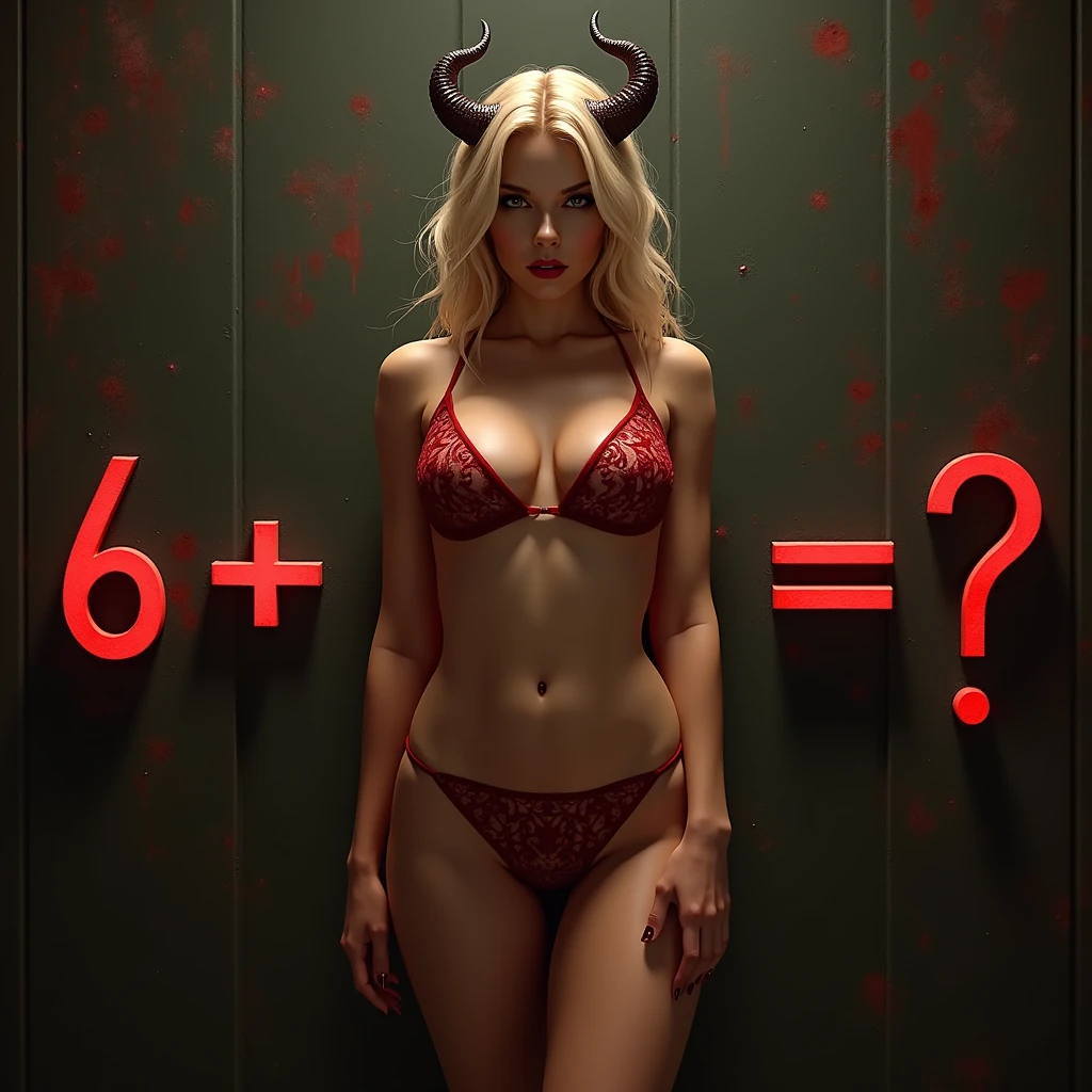 create a rebus: "6 + 9 = ?", niech na tym obrazku będzie kobieta skąpo ubrana w czerwoną bielizne z rogami diabeła, It's supposed to be very realistic, 4K, 8k, blond włosy, young 20 year old, szerokie biodra i duże piersi, duże pośladki, motyw 6 + 9 = IT SHOULD BE THE LEADING MOTIVE