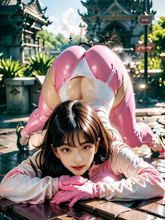 8k、Ultra-high resolution、best quality、On the table (Big breasts、Fit body:1.2)((Bright Pink、Tight-fitting enamel rubber suit、Enamel pants:1.4))(Architecture of New York、Smoke coming out of manhole cover:1.5) (Long straight beautiful black hair:1.4)(Embarrassed expression、big eyes、Distinct double eyelids、eyelash:1.3)(Watching the audience、Bright spots in the eyes、Light brown eyes、Pinclip Gloss)perforation、Stilettos、(Stick your butt out、Bend forward:1.1)