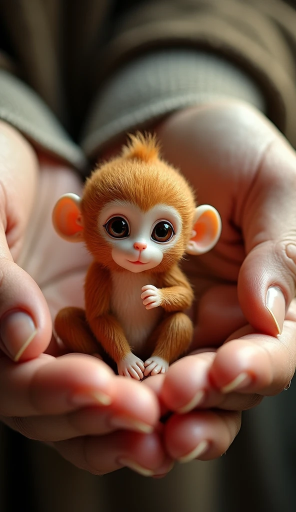 Sun Wukong in one person&#39;s hands, Sitting on fingers, Cute and cuddly, ,The real Sun Wukong，Normal limbs，Very realistic Monkey King， This is a living Sun Wukong，The photos are very realistic,  Very small, Just a beautiful little thing,  Beautiful creatures, Pretty and cute, Very detailed photos.