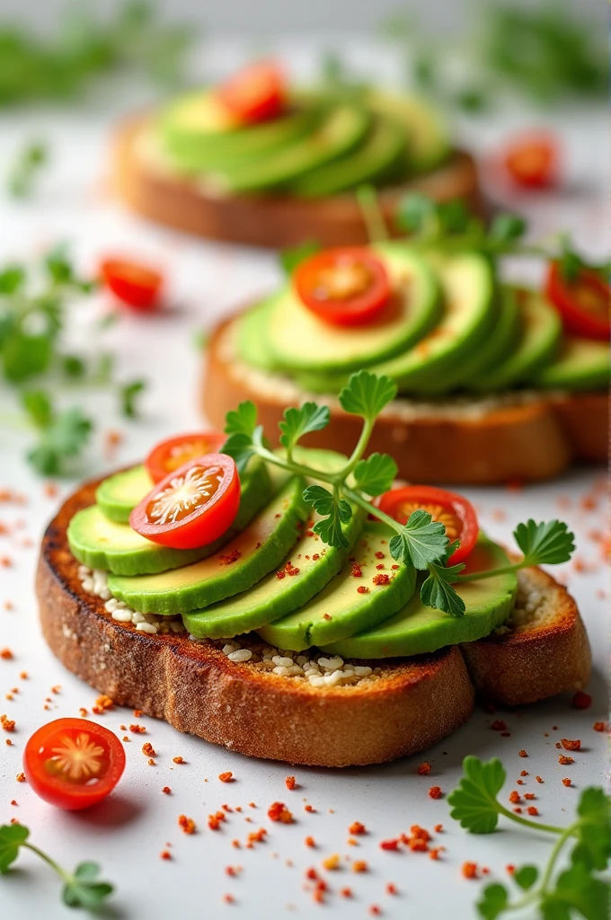 Avocado Toast: Design an image of a perfectly crafted avocado toast. The avocado should be sliced into thin, even layers and spread on a toasted multigrain bread. Garnish with cherry tomato halves, microgreens, and a sprinkle of crushed red pepper flakes