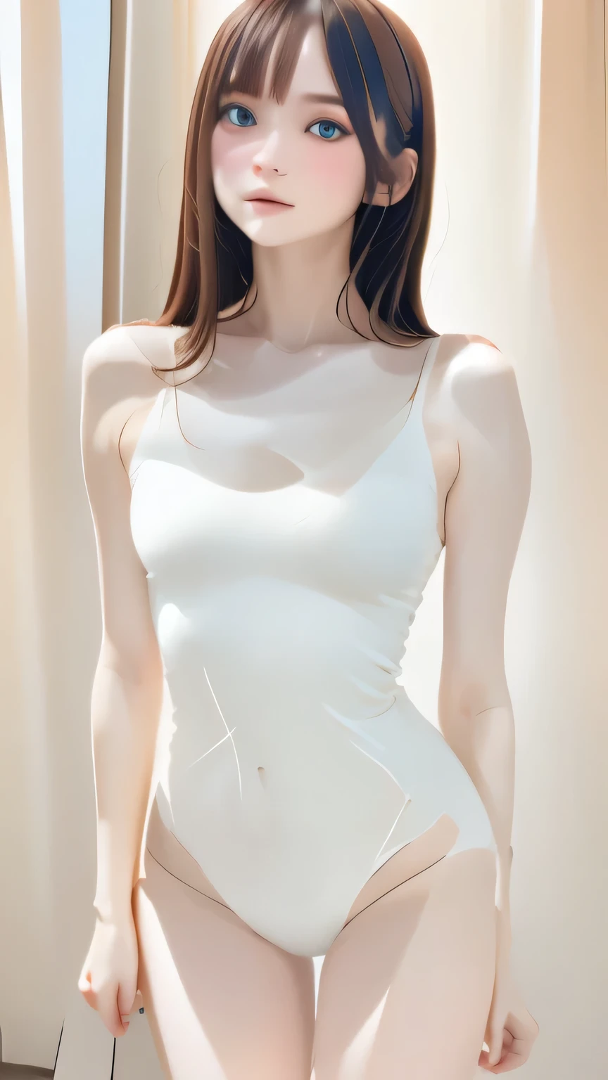 Girl looking at camera, lots of details, detailed drawing, figure, cg, milky white skin, Soft and soft skin, realism, middle between drawing and reality, high quality, HD, 4K, blender render, octane rendering, realism, figure, drawing, cg, digital art, beautiful face, transparent skin, symmetrical face, proportional body, ((AkiFN)) and Ilya Kuya Khushinov, makoto shinkai, whole body, full height, Pale skin