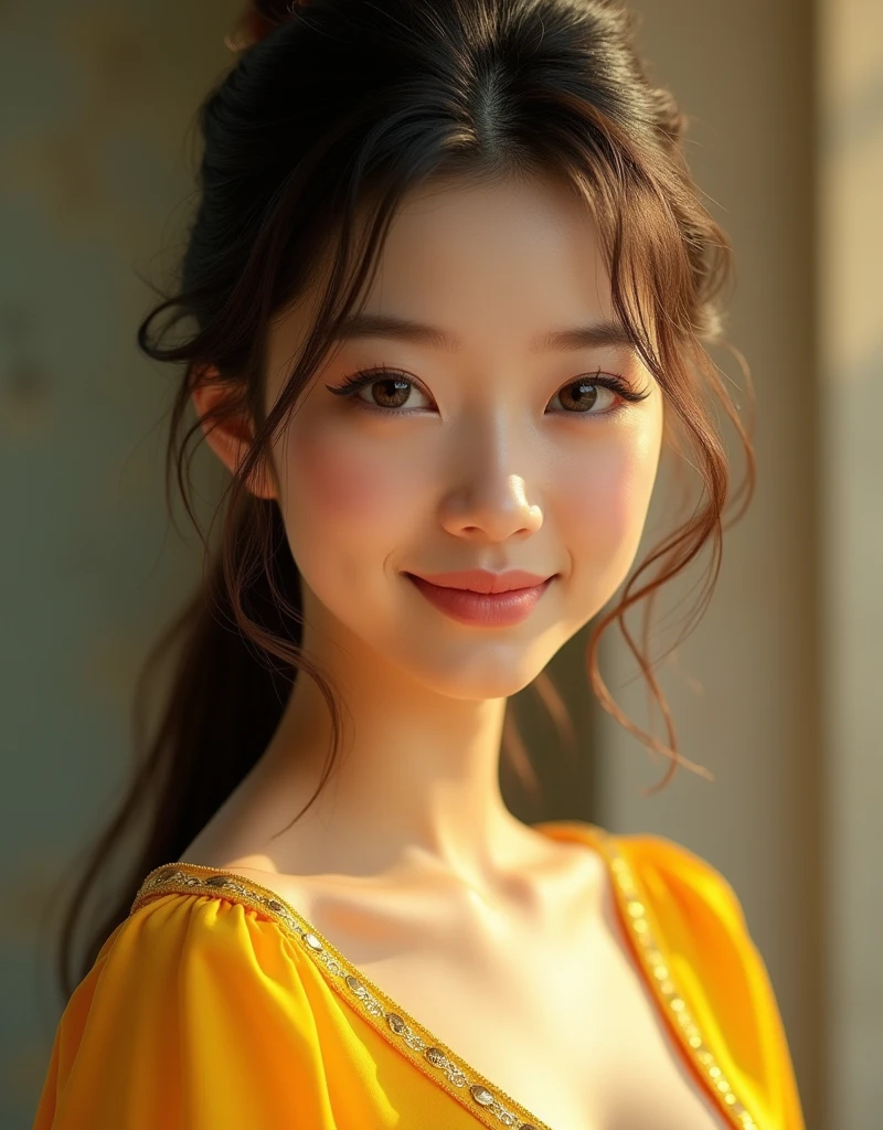 Here's the English translation:
"Create an image of an 18-year-old Asian girl wearing yellow clothes, with a cute face and smiling. The image should be full-body, slightly revealing, youthful, and realistic."