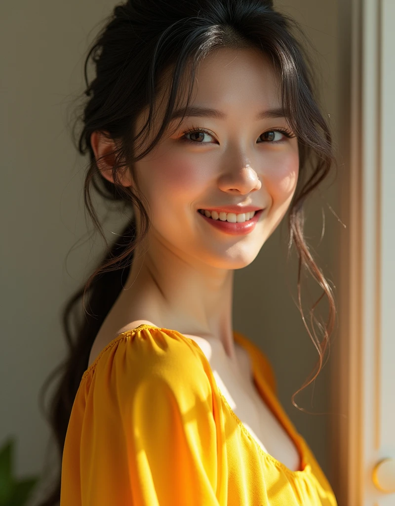 Here's the English translation:
"Create an image of an 18-year-old Asian girl wearing yellow clothes, with a cute face and smiling. The image should be full-body, slightly revealing, youthful, and realistic."
