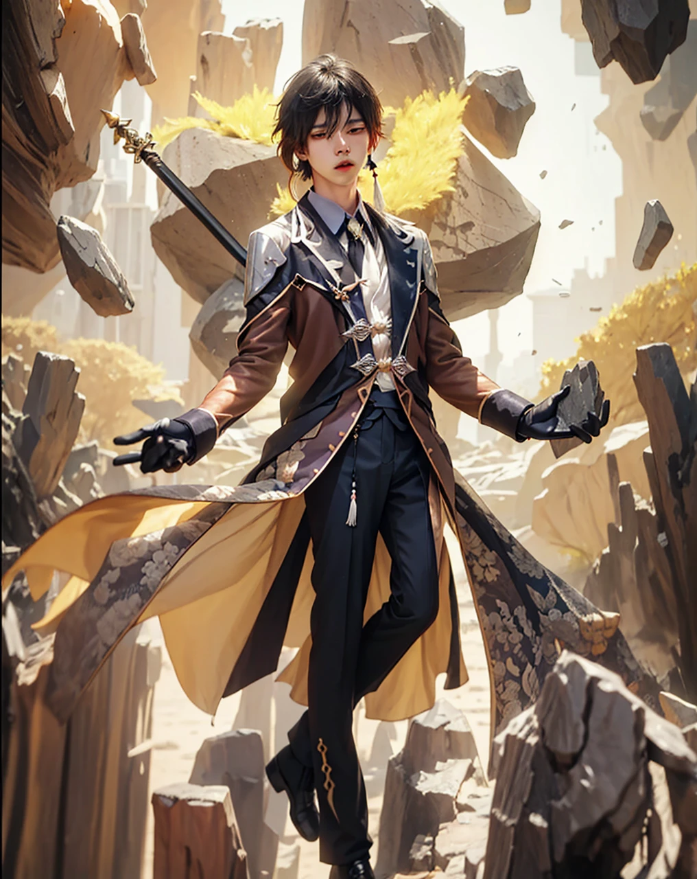 ((Zhongli morax_GENSHIN IMPACT)),((realistic, photorealistic)),(highlight hair)), Light reflection, (( HD )),((upper body)), (((best quality, masterpiece))), (masterpiece) (best quality) (detail) (8k) (HDR) (wallpaper) (cinematic lighting) (sharp focuasterpiece, best quality: 1.1), 1men solo, Zhongli, shadow,back light,Zhongli Spear genshin impact, sitting on a rock shaped like a larva's hand, a mountain rock ruin,Mountain rocks background,Stone-shaped hands, Real life adaption of this character, Asian beauty face, Shining Purple eyes, realistic outfit, realistic shadow, realistic light, realism, hyper realistic, realistic background,(photorealistic:1.2), masterpiece, best quality, 1boy, masterpiece, best quality, simple background, whole body, bangs, black_gloves, black_hair, brown_hair, gradient_hair, collared_shirt, earrings, eyebrows_visible_through_hair, formal, gloves, hair_between_eyes, holding, chinese_clothes, jacket, jewelry, long_hair, long_sleeves, male_focus, multicolored_hair, ponytail, single_earring, suit, tassel, tassel_earrings, whiskers, yellow_eyes, zhongli_\(genshin_impact\)best quality,masterpiece,absurbres,super-resolution,1boys,Zhongli \(genshin impact\),((long hair, black hair)),yellow eyes,calm,brown suit,white shirt,black pants,necktie,abs, 1boy, male focus,muscular, toned, pectorals, nipples, open mouth, solo, looking at viewer,gloves, solo, jewelry, male focus, earrings, tassel earrings, formal, ponytail, black gloves, tassel, long hair, single earring, looking at viewer, suit,Room background, glow effect, 1men solo, Zhongli, shadow,back light,Zhongli Spear genshin impact, sitting on a rock shaped like a larva's hand, a mountain rock ruin,Mountain rocks background,Stone-shaped hands,Floating cloak, spear sword, Flying,Glow effect,