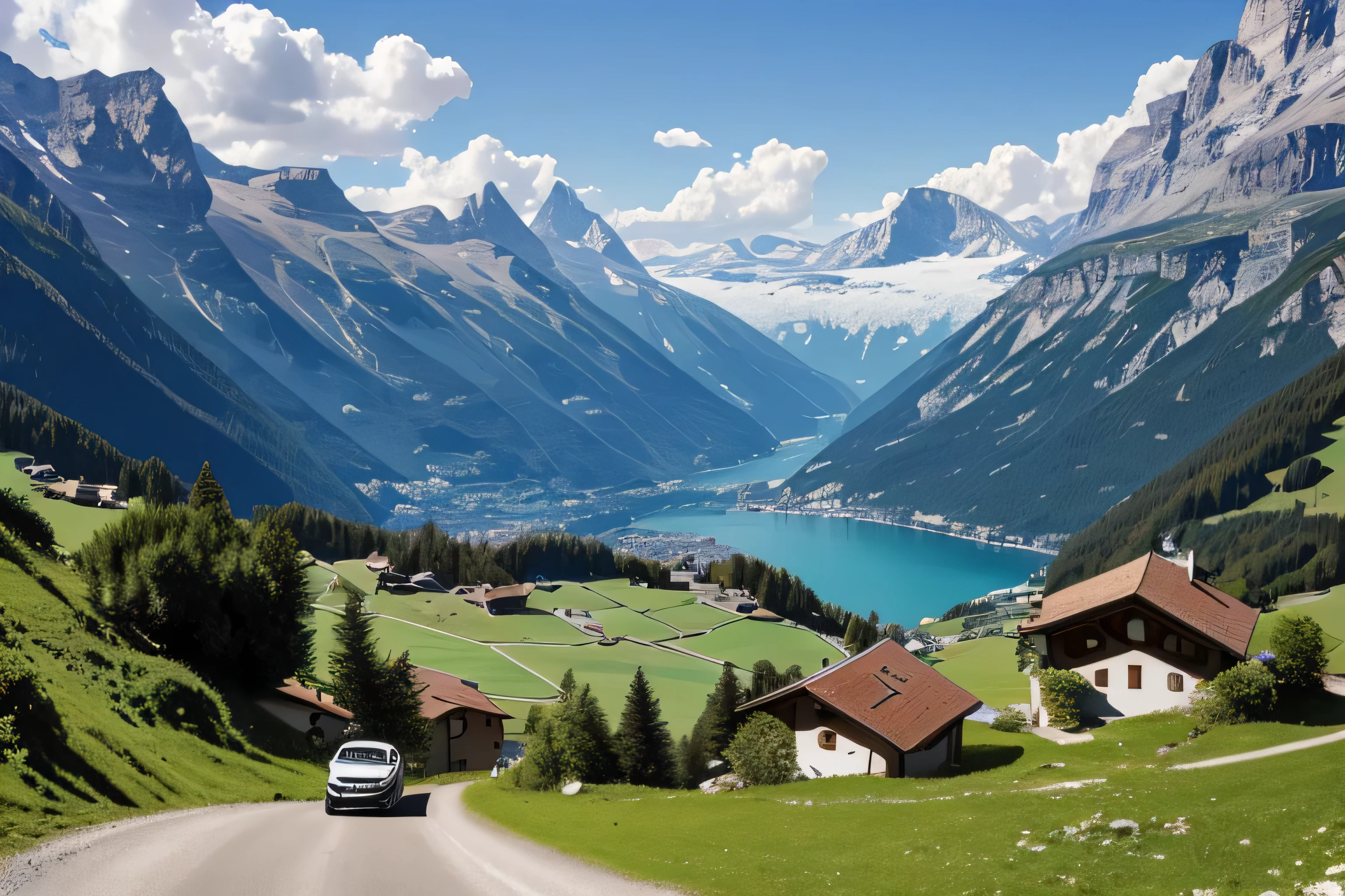 car Fiat 500 Mountain trail Traveling Switzerland There are a few houses here and there in the countryside. carのナンバーはなし