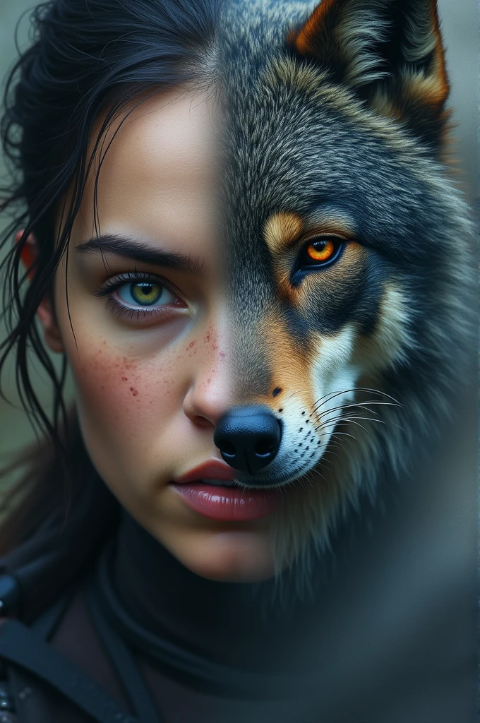 Arya stark hyper realistic close up and nymeria is ober her face but at the same time is like a superposition one of the wolf eye at the same level of arya's. Wolf is 3 quarters profile
