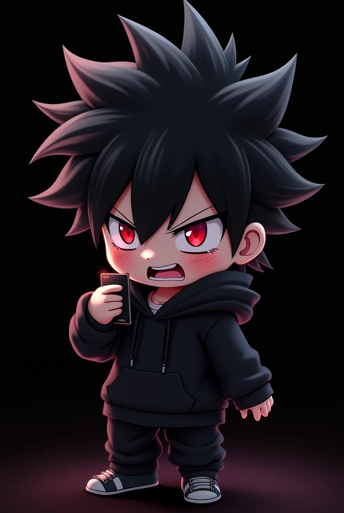Black background , anime boy , black hair , spiky hair , red eye , narrowed eye , black hoodie , chibi , blush , use phone , shocked