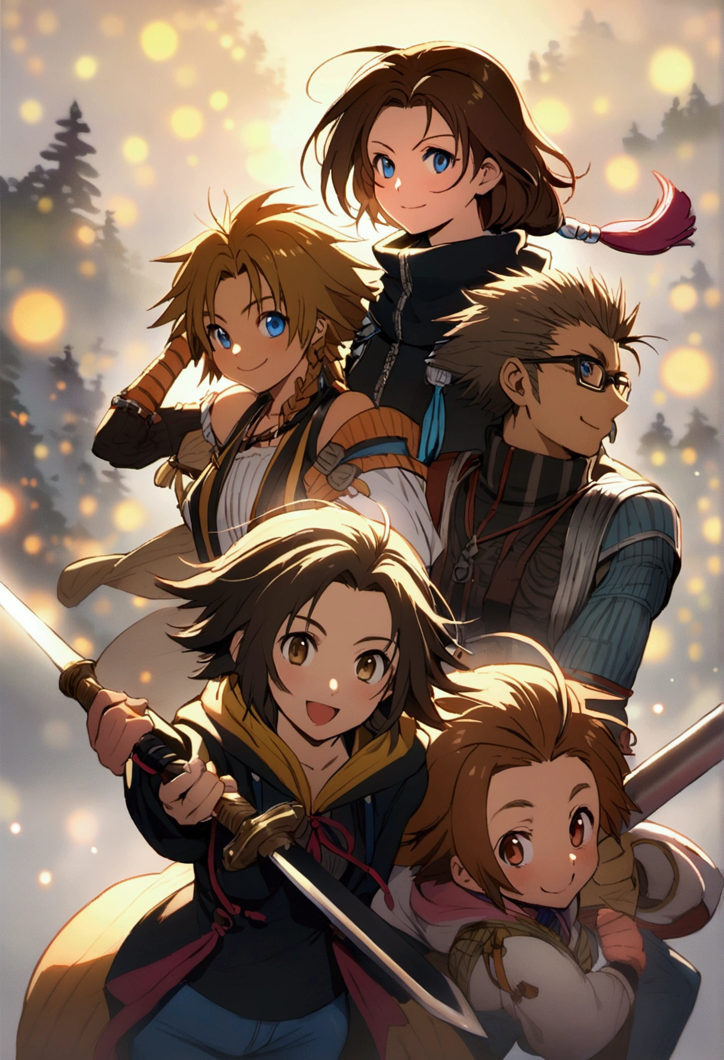  Anime woman (shoulder length brown hair, blue eyes, black hoodie, jeans, dark framed glasses, clear forehead, smiling). holding a magical shining sword . Swordsman pose. Full body view.  Fantasy forest in the background. Magical floating lights. In the background Chaktere from Final fantasy 10. Yuna, tidus, Lulu, Rikku, Wakka, Auron, Kimarhi