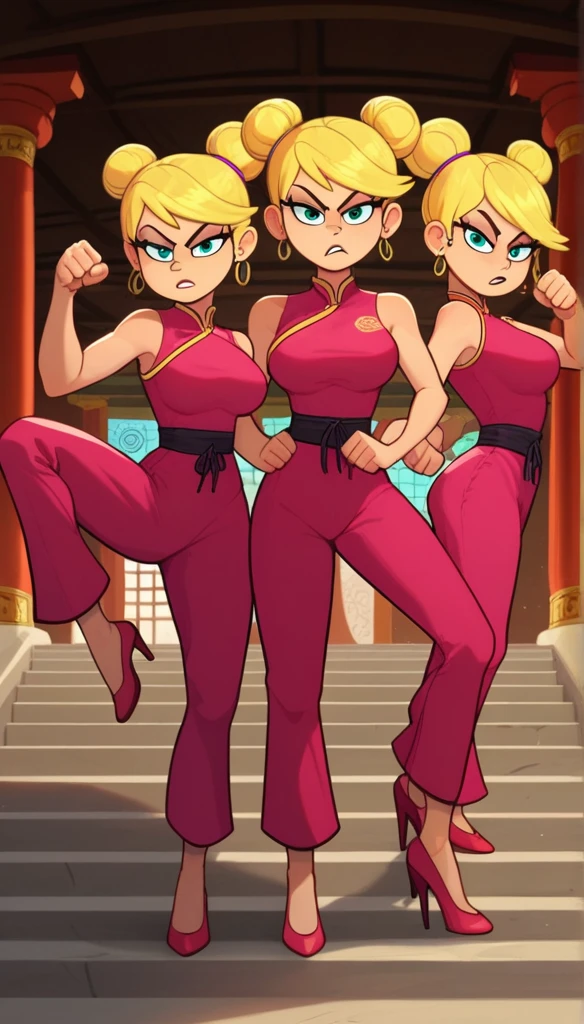 lola loud, 3girls, trio, 24yo girl, large breasts, pink cheongsam, inside of a chinese temple, looking at viewer, blonde hair, two hair buns , hands score_9, score_8_up, score_7_up, high heels, teep fighting stance,martial arts, stairs behind her, guarding the stairs, they wear the same outfit, they are twins