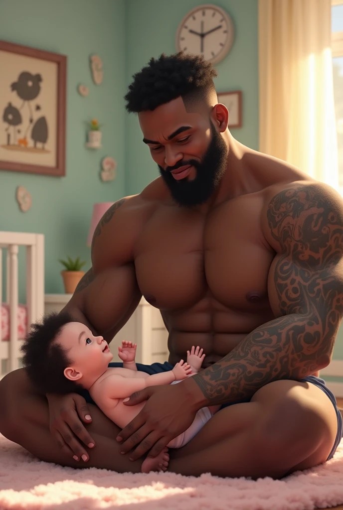 A tattooed black man changing his white 1-year-old daughter's diaper