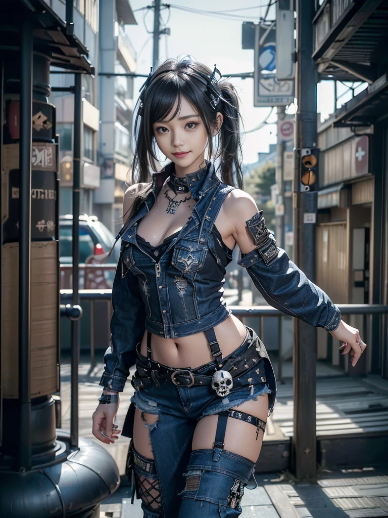 (Beautiful lips and nose:1.4)、(Long eyelashes:1.4)、(Smiling with teeth showing:1.3),(Shibuya Gal:1.5)、(A delicate neo-gothic embellished dress:1.5)、(Tattered denim and black punk rock cargo pants:1.5)、(Denim and black navy skull mark small jacket:1.4)、(denim garter belt:1.5)、(Black and denim knee socks:1.3)、(Skull Silver Accessories:1.5)、(Denim collar:1.3)、(Brown Skin Belt:1.4)、(Brown boots:1.2)、(The underwear is striped:1.4)、31 years old、((Highest quality、In 8K、masterpiece:1.3))、Sharp focus:1.2、(Layered Cut、Huge boobs:1.1),Beautiful woman with perfect figure:1.4、(Dancing vigorously:1.3)、Slender Abs:1.2、Highly detailed face and skin texture、Detailed eyes、double eyelid,(Twin tails:1.3)、(Black brown hair:1.3)、Gravure idol、(The background is a vast mountain with a clear view々Beautiful luxury resort destination in Europe:1.3)、(Slim Body:1.2),(Make your legs thinner:1.4),(clavicle:1.1)