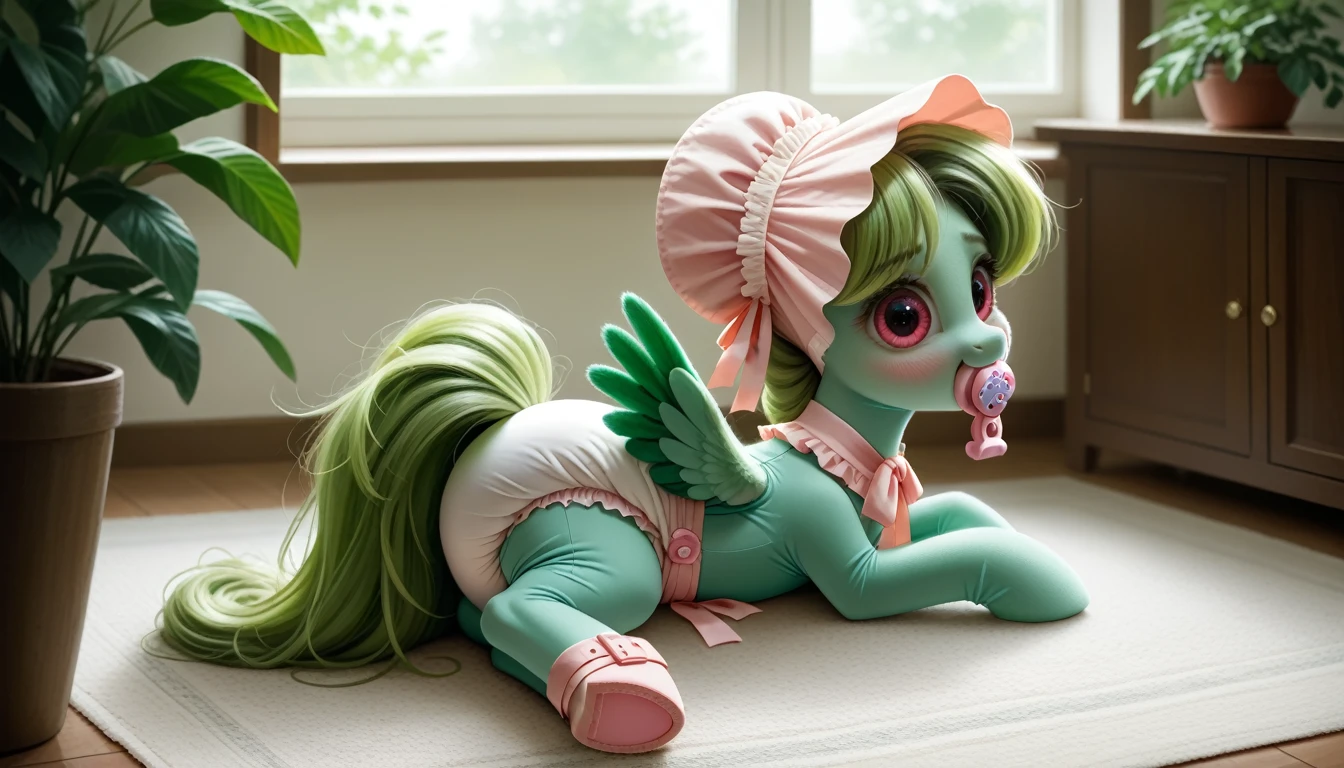 pony, Pegasus, adult filly, emerald green fur, a lush mane, gathered in a bonnet, bushy tail, sitting in the room on a soft play mat, dressed in a bodysuit and booties, pacifier in mouth, solo, thick diaper under clothes.