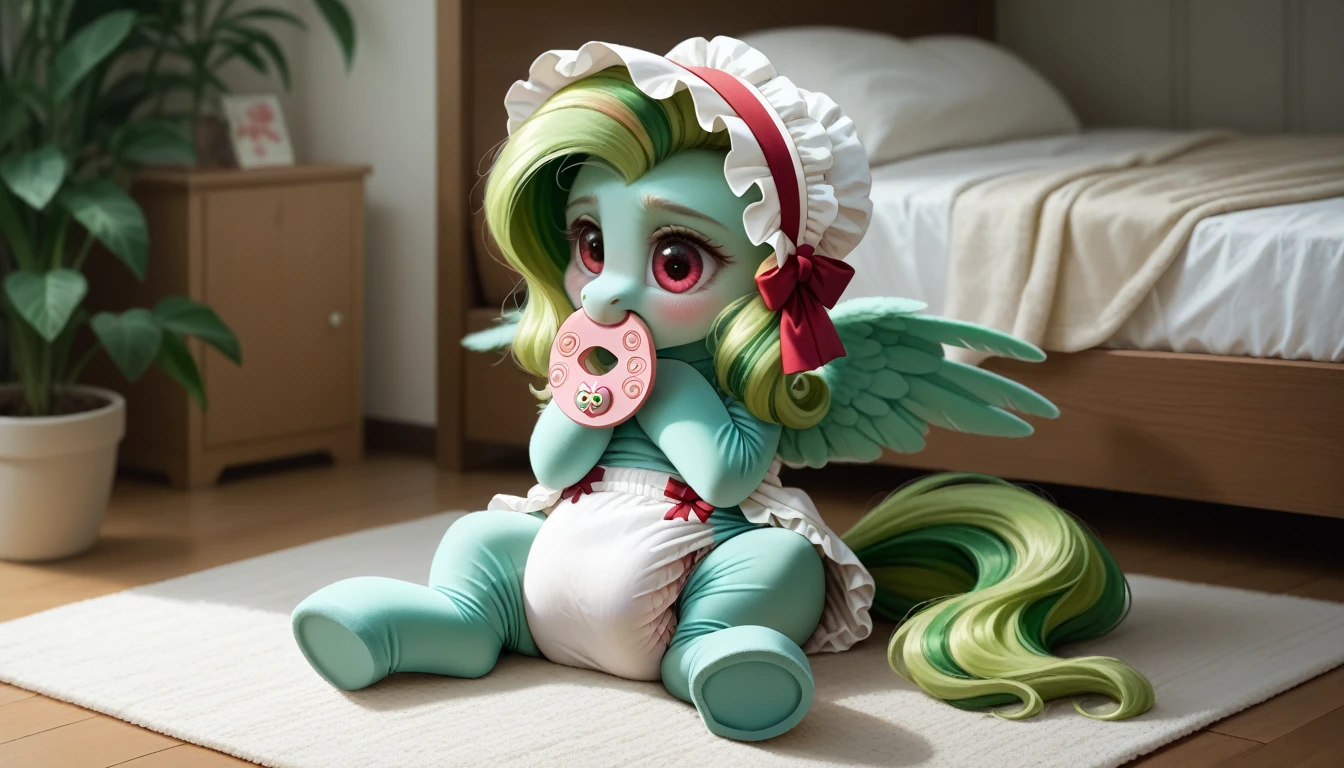 pony, Pegasus, emerald green fur, a lush mane, adult size assembled bonnet, bushy tail, adult mare, sitting in the room on a soft play mat, dressed in an adult size bodysuit and booties, pacifier in mouth, solo, thick diaper under clothes, pink blush on cheeks, Embarrassment, Awkwardness.