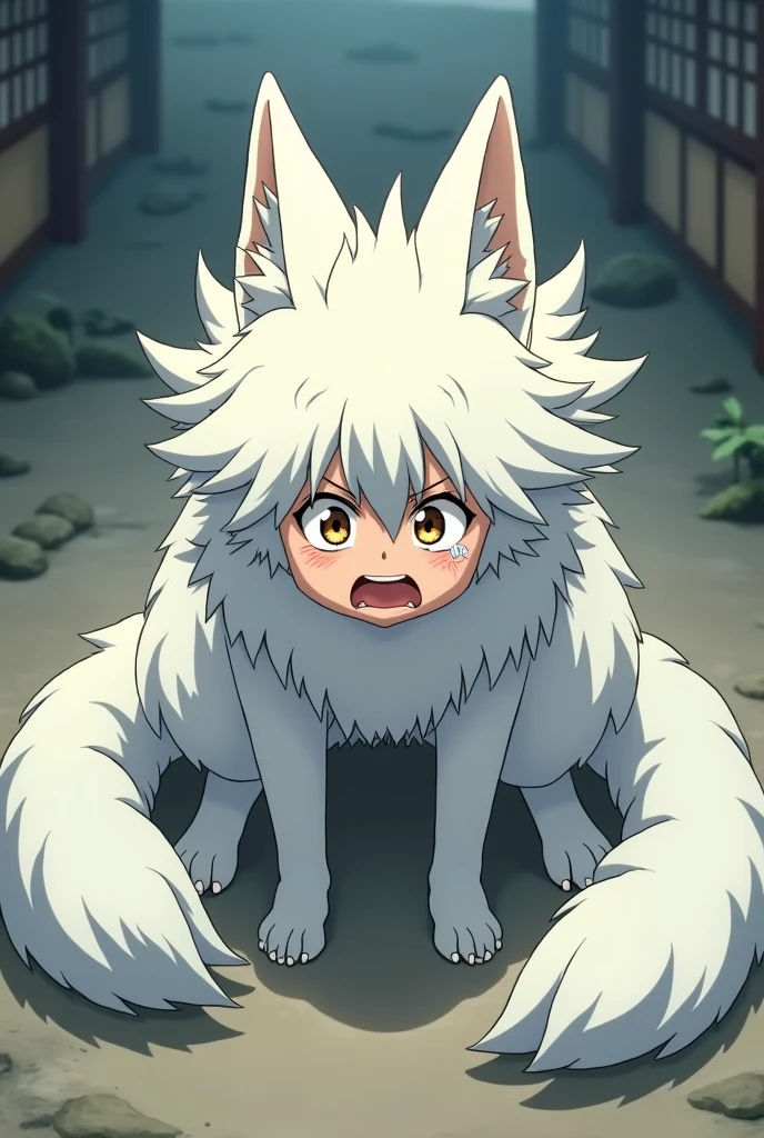 A boy's lower_body is becomed to a white fox(Japanese anime style)(four_legs)(three tails)(scared and crying)