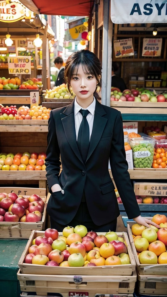 A woman in a stylish black suit with a unique tie stands confidently in front of a vibrant fruit stand, showcasing apples and oranges, Soft, even lighting highlights her features and creates a balanced composition placing her centrally, The fruit stand adds a pop of color and depth to the image, The overall aesthetic focuses on fashion and everyday life,