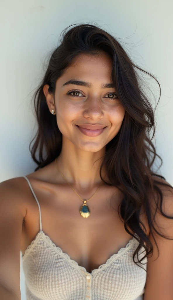 A cute 19 years old indian girl taking selfie, simple smile without showing teeth, white wall background , rough dry face skin  , modern dress 