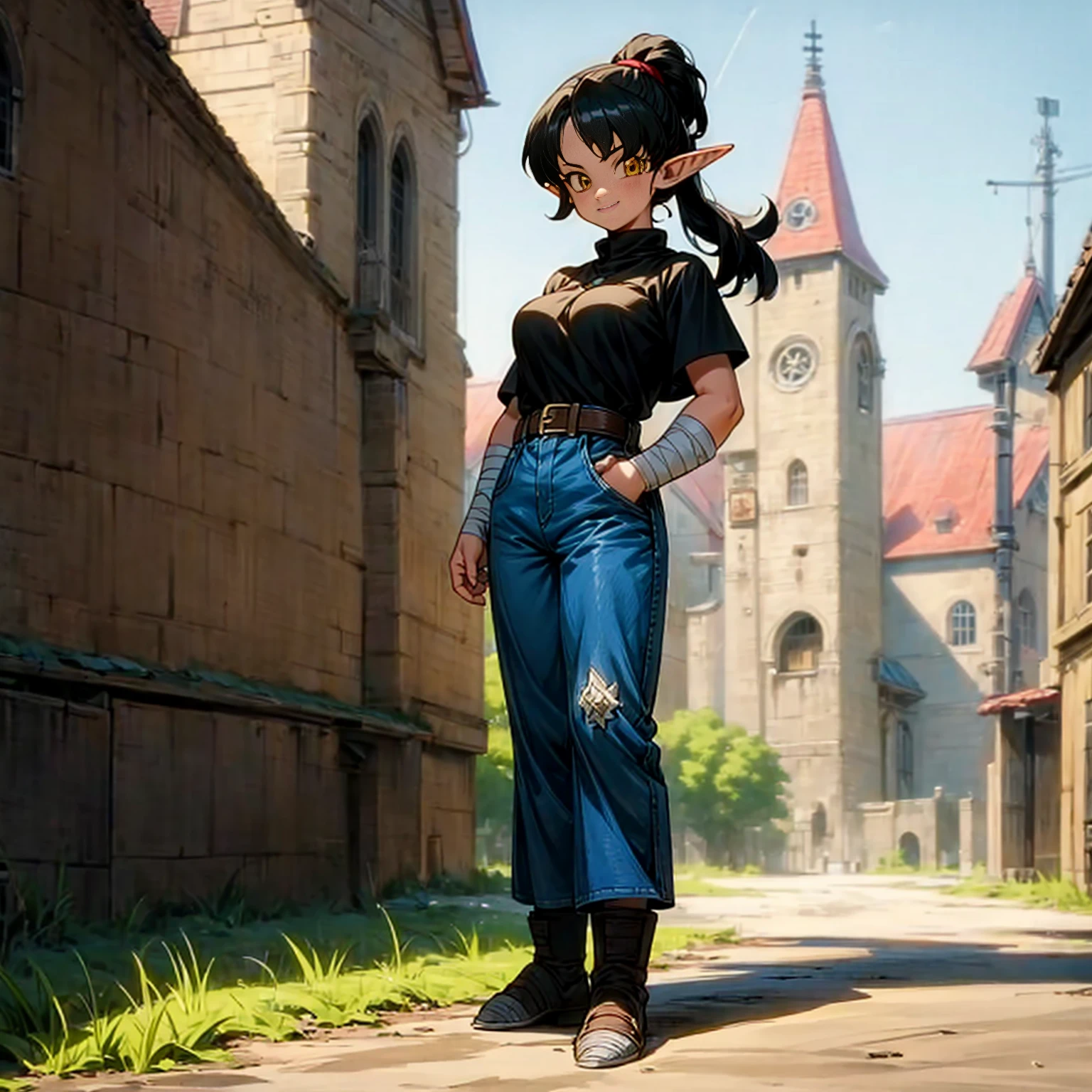 Solo character, full body version, young girl, muscle, big breast, (elf), yellow eyes, black color hair, short haircut, ponytail, blue shirt, long jeans, bandage, shoes, outdoor, town, medieval, standing gesture, detailed background, detailed clothing, detailed hair, (Hunter x Hunter style art), happy eyes, smile mouth, straw hat 