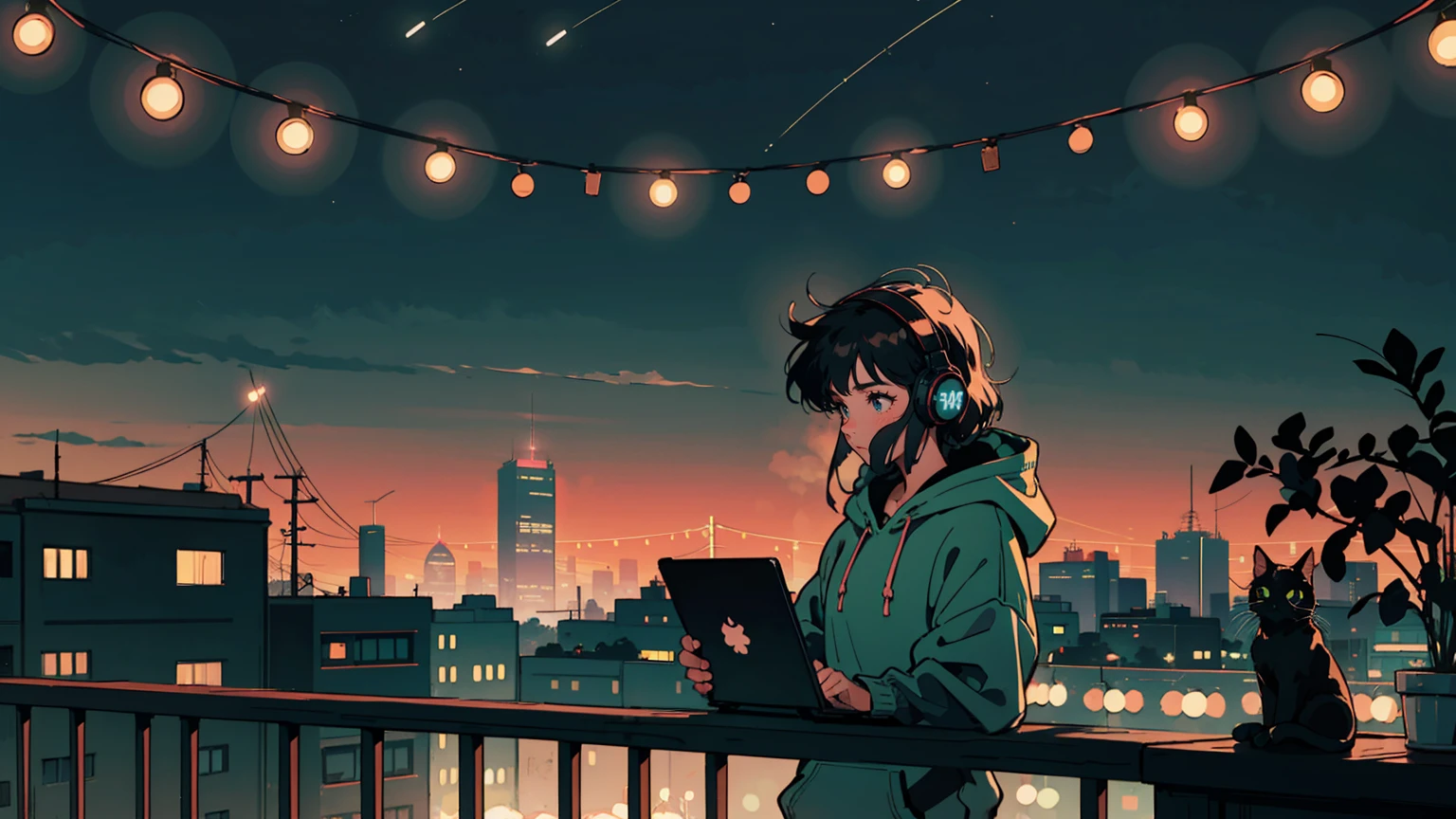 Cozy night balcony workspace, anime style, young person working on laptop, wearing headphones and oversized hoodie. Cat silhouette on railing, small animal toy nearby. String lights and potted plants hanging, starry night sky backdrop. Warm ambient lighting from candles and fairy lights. City skyline in distance. Lofi aesthetic