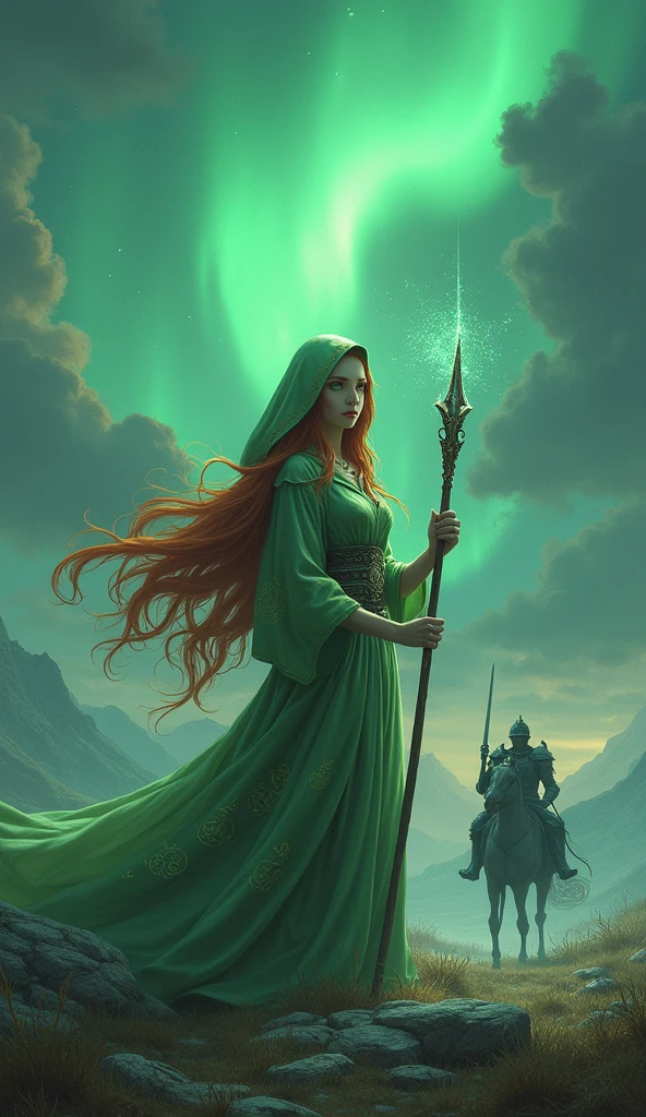 In a vast, mystical landscape, the sky shimmers with the colors of the night's aurora. The graceful summoner Seraphina stands. A green hood is pulled over her long, flowing red hair, and her piercing green eyes are filled with determination. Her elegant robe is made of pale green cloth, the sleeves of which are embroidered with magical symbols, and it flutters gently in the breeze. In her hand she holds a staff that glows faintly with mystical energy. * *Seraphina *summons Odin, an agile knight clad in black armor and mounted on a black horse, and raises his sword aloft, readying his Zantetsuken, for a swift attack.*