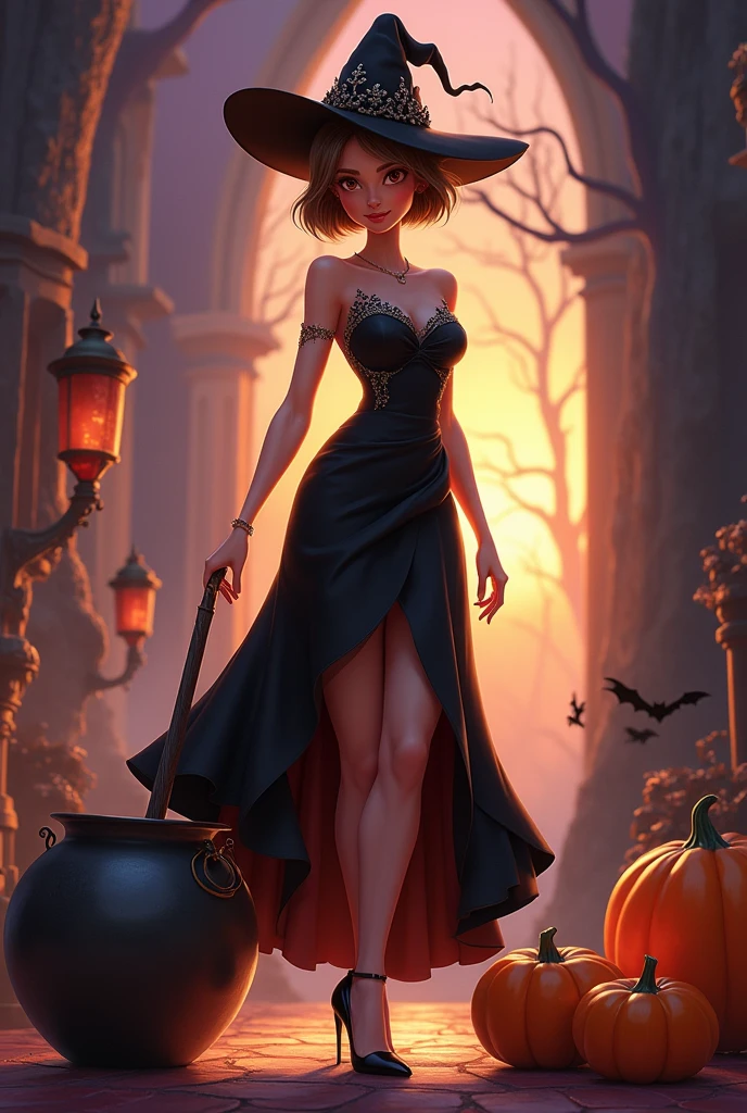 Disney Pixar style cover of a tall woman, slim, white tea, short, very short light brown hair, big brown eyes, with beautiful black dress and high heels, with a witch&#39;s hat and her cauldron on Halloween