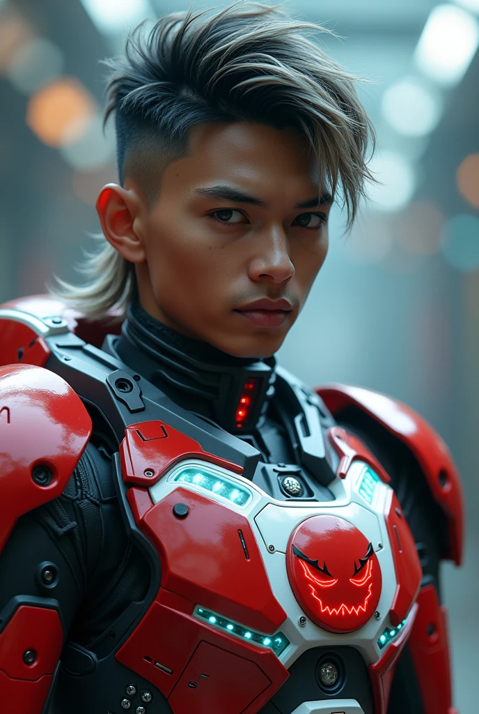 a young Malaysia man, tan skin .19 year old boy wearing a red and white exoskeleton armor, a robot face on his chest , malaysian mullet wolfcut hairstyle. Red ear mount . black hair mix little white hair. , detailed face and eyes, highly detailed, 8k, photorealistic, cinematic lighting, concept art, sci-fi. Led light blue.led light anger robot face on body Punisher. Marvel. Alien robot face on body. Mechamato. Robot face on chest. Talking anger robot on chest. Angry red Robot emoji on body.. robot eyes blue. Glowwing on nipple