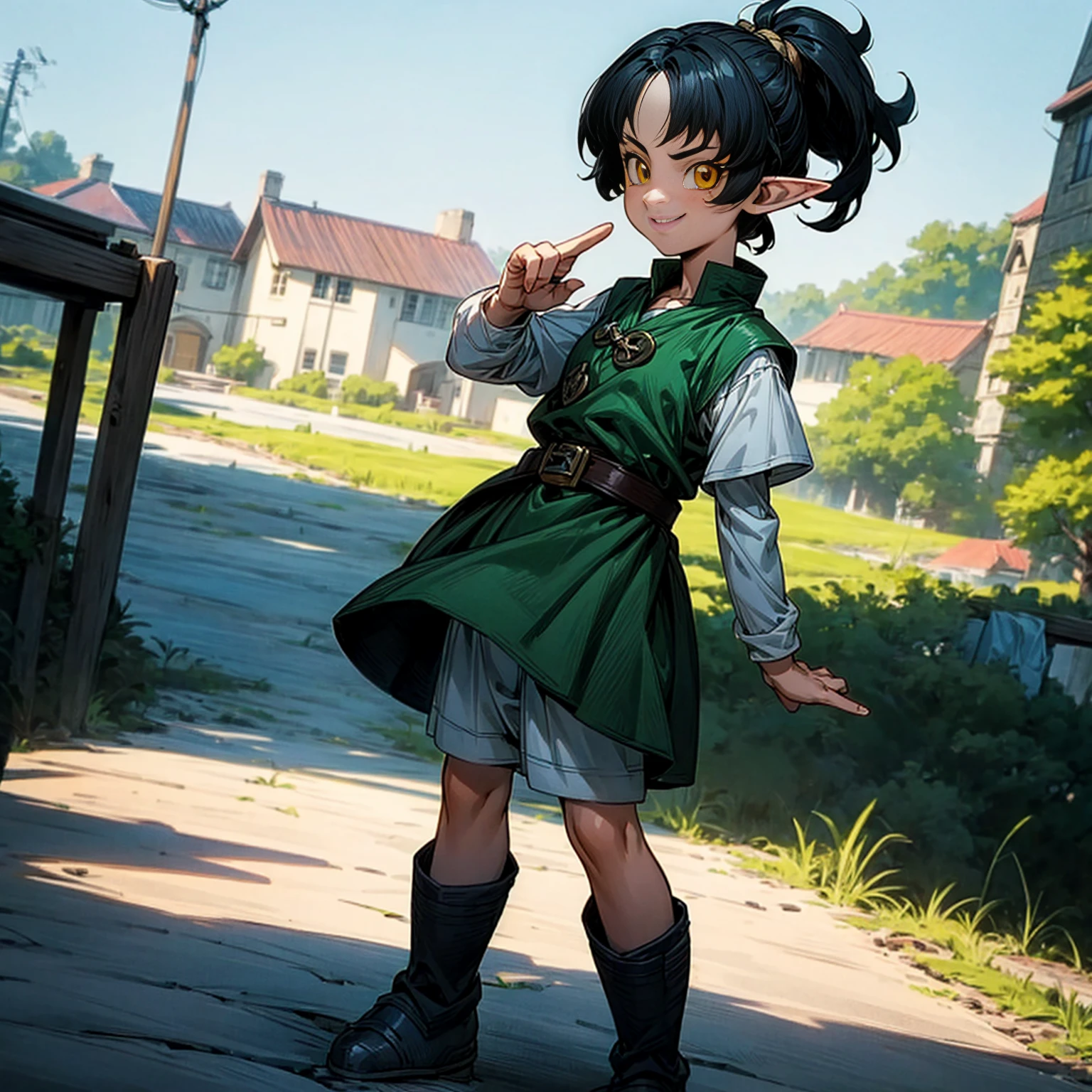 Solo character, full body version, kid girl, (elf), yellow eyes, black color hair, short haircut, ponytail, white shirt, short jeans, shoes, outdoor, town, medieval, standing gesture, detailed background, detailed clothing, detailed hair, (Hunter x Hunter style art), happy eyes, smile mouth 