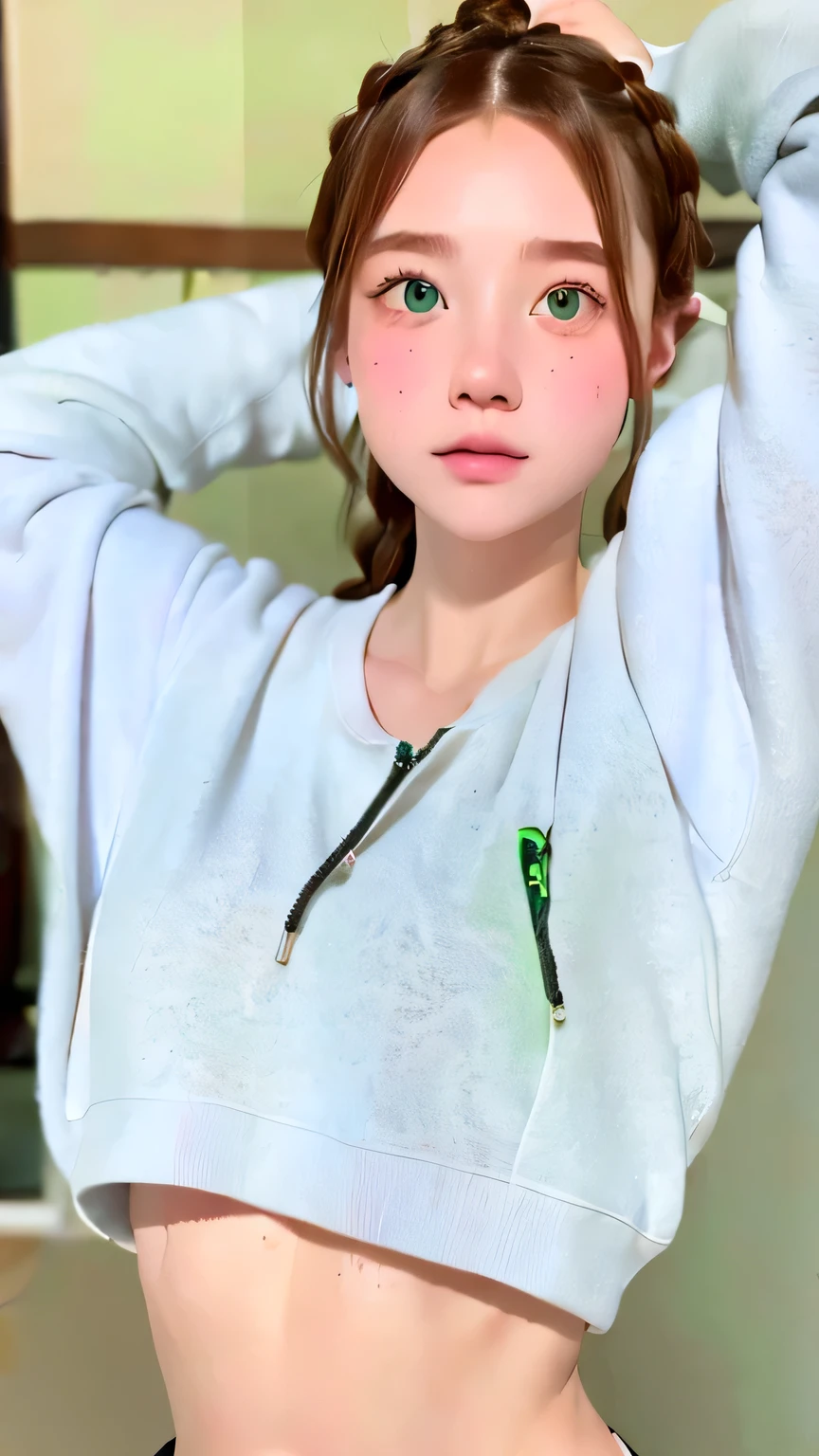super realistic images, ginger teenager girl, cute face, An ennui look、french braid、ash gray hair、green eyes, a little freckled, doing yoga, three line sweatshirt、I can see your belly button、often play sports、Jacket, highest quality、ultra high resolution、masterpiece:1.5、portrait