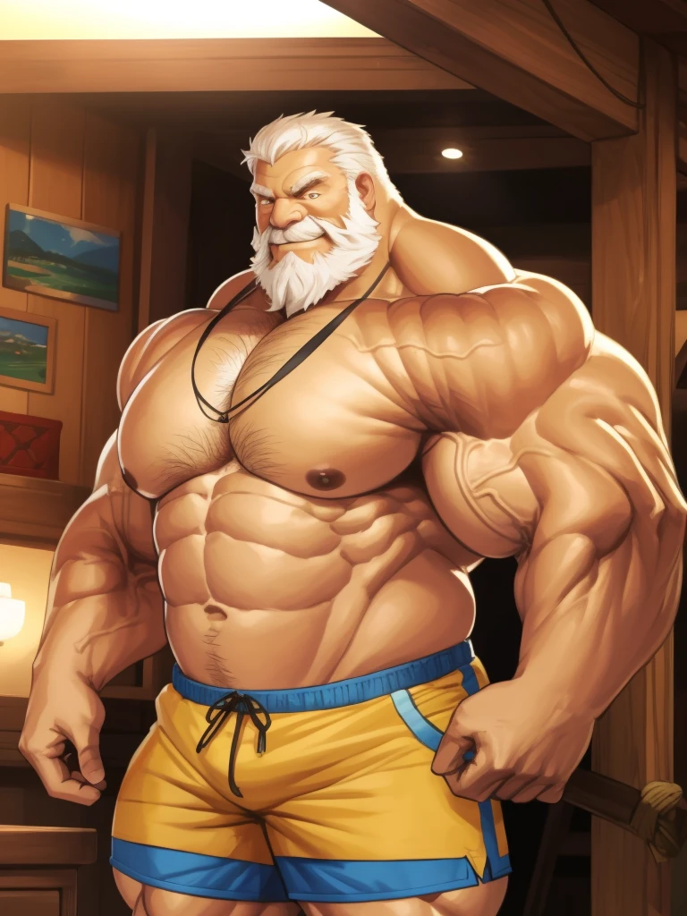 1boy, 1man, solo, gigantic, hyper detailed, (topless, shirtless, shorts cargo), well-muscled old man, bearded. ((extremely huge muscular, massive muscular, extremely muscle size, super thick arms, huge pec, hyper pec, bigger chest, extremely wide pectoral , huge arms)), wide smiling. Add textures and details to make the image more realistic, such as the appearance of the. Make sure the resulting image is high resolution, 8K quality