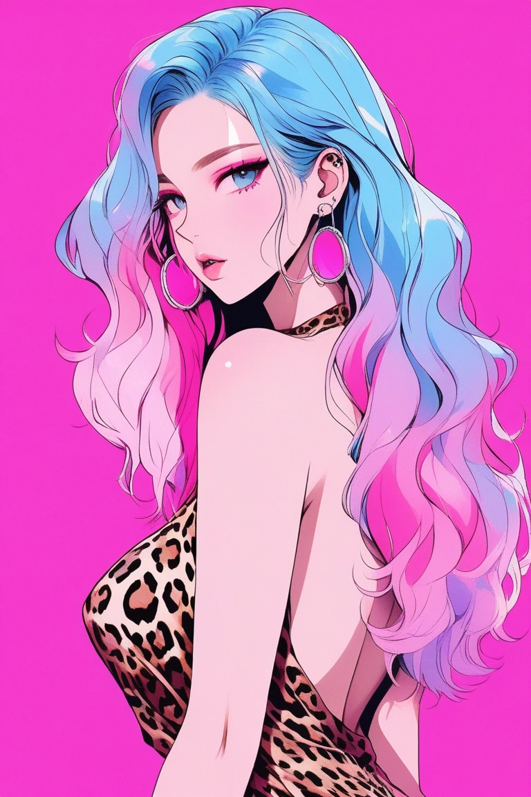 Illustrator, anime , Realistic ,sketch , 1 person, model, Age 25, lip, Sexy and revealing leopard print bikini, order, Blue and pink gradient background, Neon Hair, Big Breasts, Her cleavage is visible, look back, Upper Body, Sexy look, Texture Trim, Russia, (masterpiece,Highest quality)