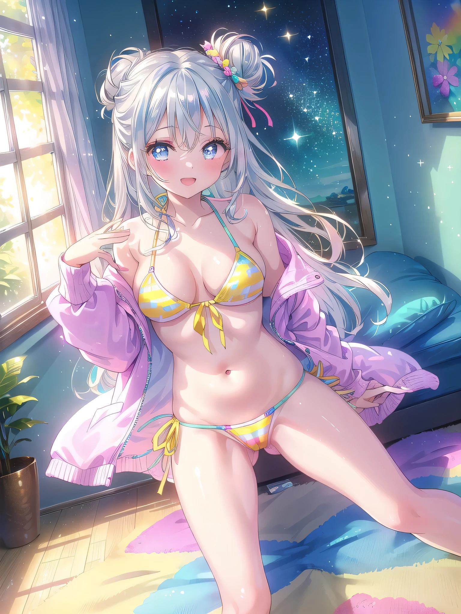((8k, Highest quality, masterpiece: 1.3)),Ultra-high resolution,(1 girl, alone), (Color changing eyes, Ultra-detailed, Expressive brilliance, Glitter, Glowing Eyes), Highly detailed eyes, Highly detailed face, Random Hair, ((pastel colour)A playful young woman with pastel silver hair styled into twin buns, sitting on the floor of her bedroom during a bright morning. She is wearing a bright yellow bikini with a scoop neckline that enhances her curves. The camera captures her from a low, slightly above angle as she sits in an "M" pose with (open legs:1.4), her hands resting playfully on her thighs. The room is filled with morning sunlight, creating a joyful and lively mood, with colorful and fun decor that reflects her cheerful personality,(She puts her hand inside her bikini and touches her pussy:1.3)