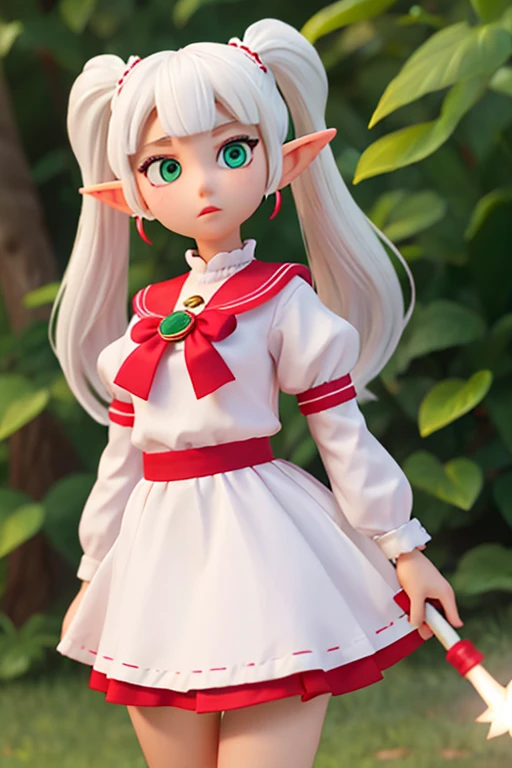 female、16age、White Hair、Twin tails、Elf、White Skirt、Holding a magic wand in your hand、Green Eyes、red gem earrings、Black horizontal stripes on clothes、