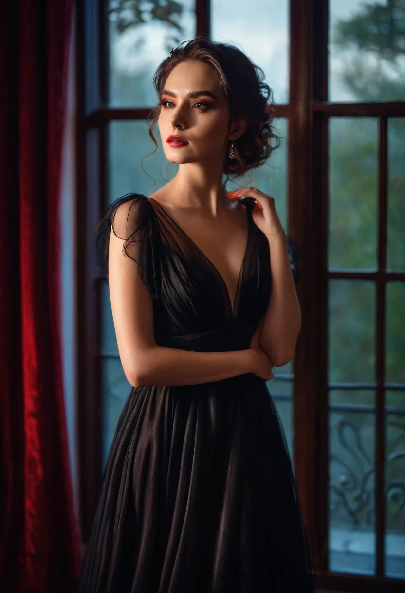 closeup shot, woman in a dress standing in front of a window, romanticism, in evening gown, flowing gown, wearing a flowing dress, mysterious woman, haunting beautiful young woman, wearing a black flowing dress, flowing dress, woman in dress, extremely moody red lighting, 