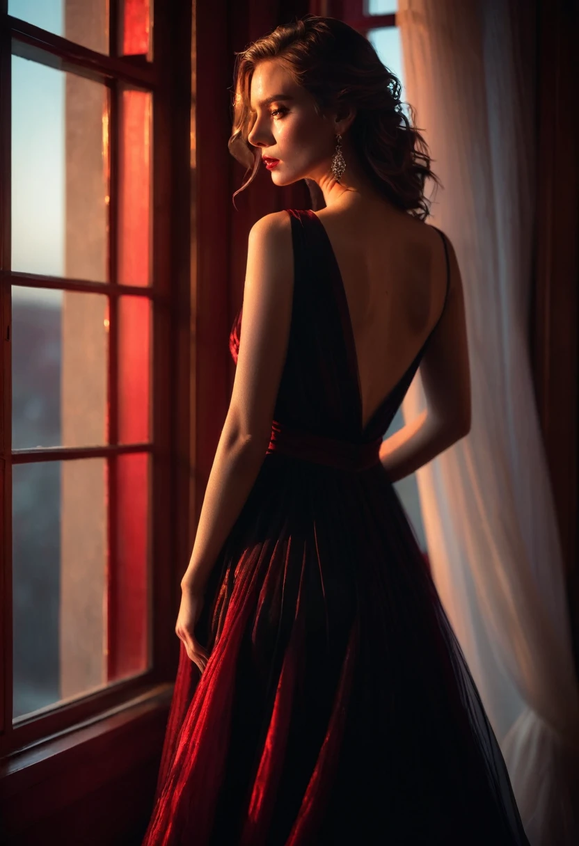 closeup shot, woman in a dress standing in front of a window, romanticism, in evening gown, flowing gown, wearing a flowing dress, mysterious woman, haunting beautiful young woman, wearing a black flowing dress, flowing dress, woman in dress, extremely moody red lighting,