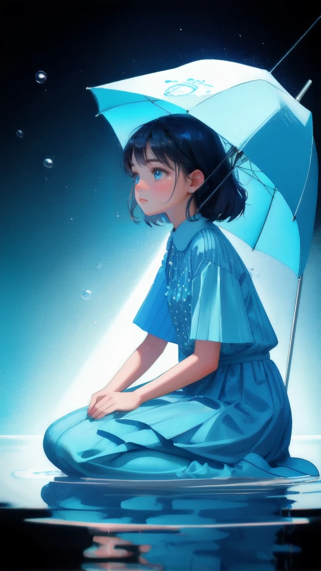 Create an image with a background featuring vertical blue lines and subtle water droplets, matching the existing theme. Replace the sad frog with a beautiful, cute girl sitting in the same pose, expressing a similar emotion with large, tearful eyes. The girl should have a soft and smooth texture, with the same reflective, glossy style, and be surrounded by gentle splashes of water, maintaining the original blue color scheme.