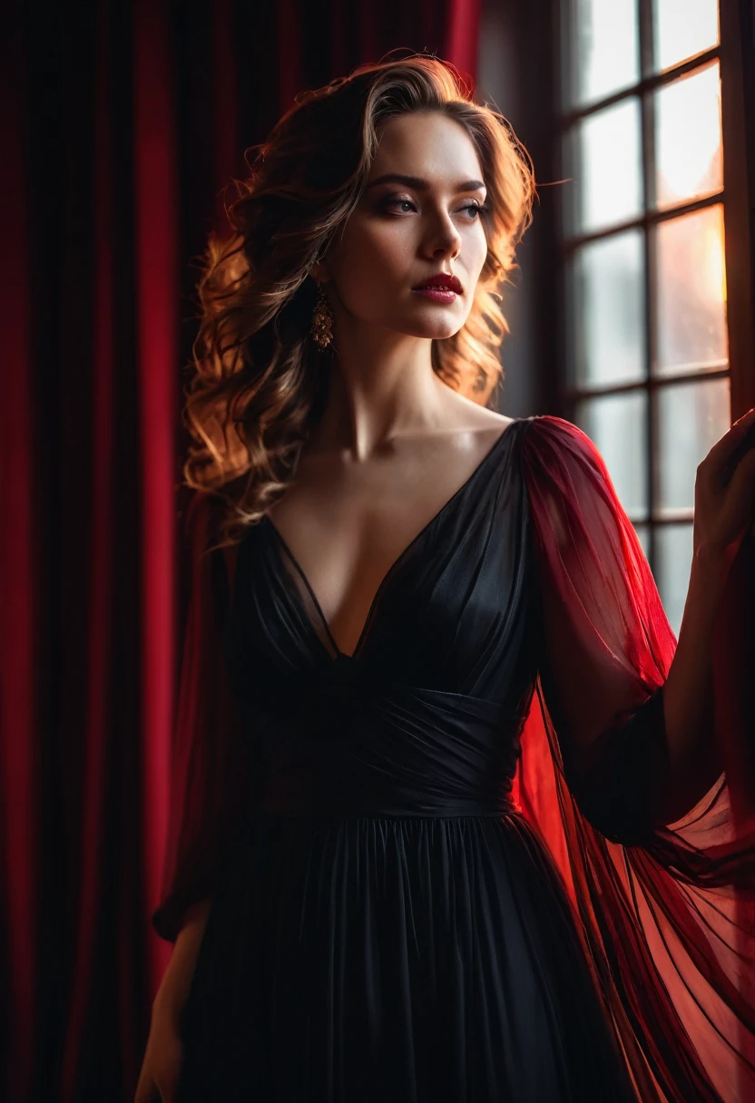 closeup shot, woman in a dress standing in front of a window, romanticism, in evening gown, flowing gown, wearing a flowing dress, mysterious woman, haunting beautiful young woman, wearing a black flowing dress, flowing dress, woman in dress, extremely moody red lighting, 