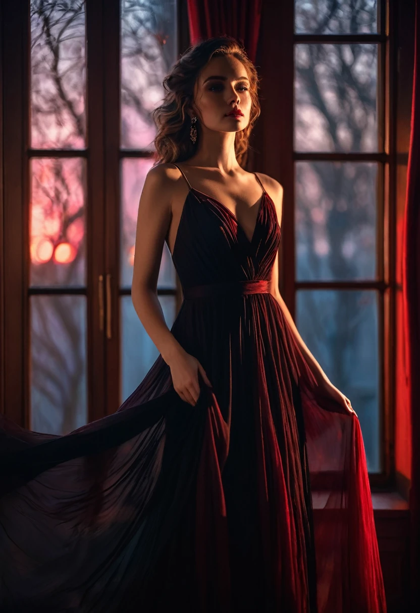 closeup shot, woman in a dress standing in front of a window, romanticism, in evening gown, flowing gown, wearing a flowing dress, mysterious woman, haunting beautiful young woman, wearing a black flowing dress, flowing dress, woman in dress, extremely moody red lighting,