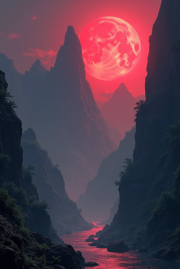 Create a landscape where there are large rocky mountains and there has to be a full moon that projects a red light and vegetation