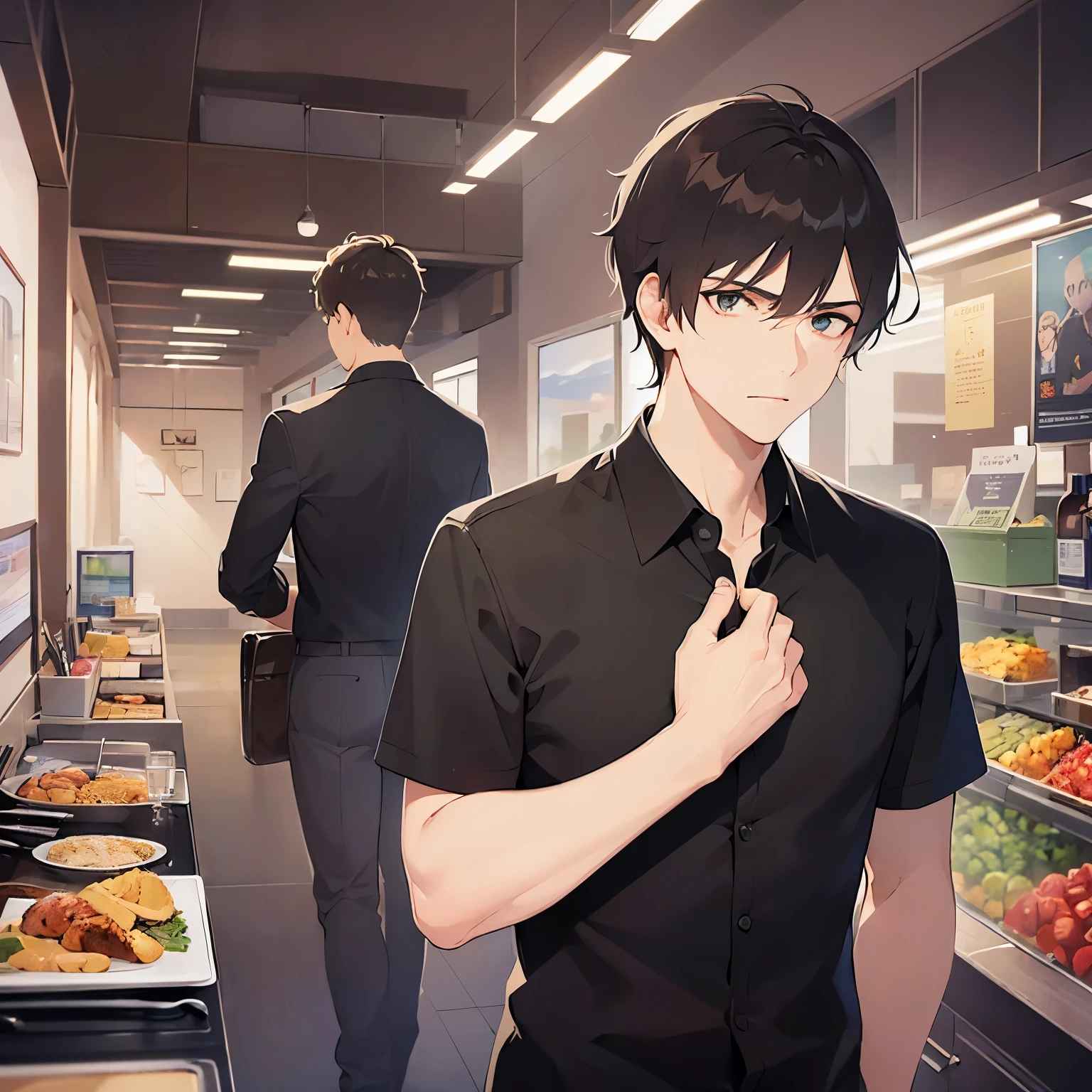 (looking away:1.5),upper body、
shiny skin, masterpiece、Highest quality、
(25-year-old male:1.5) and (Brown short hair) and (Green Eyes),
(black collared shirt:1.5) ,
furrowed brow、(disgust:1.3),In town、(alone:1.5)
