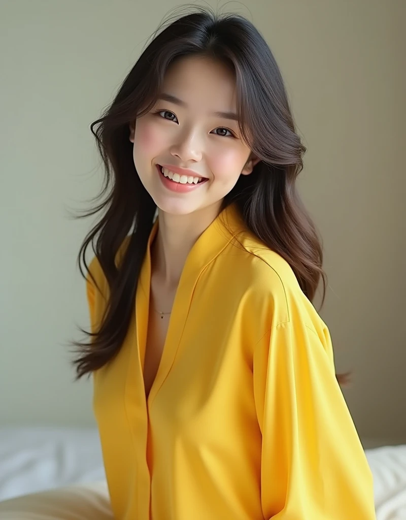 "Create an image of an 18-year-old Asian girl wearing yellow clothes, with a cute face and smiling. The image should be full-body, slightly revealing, youthful, and realistic."