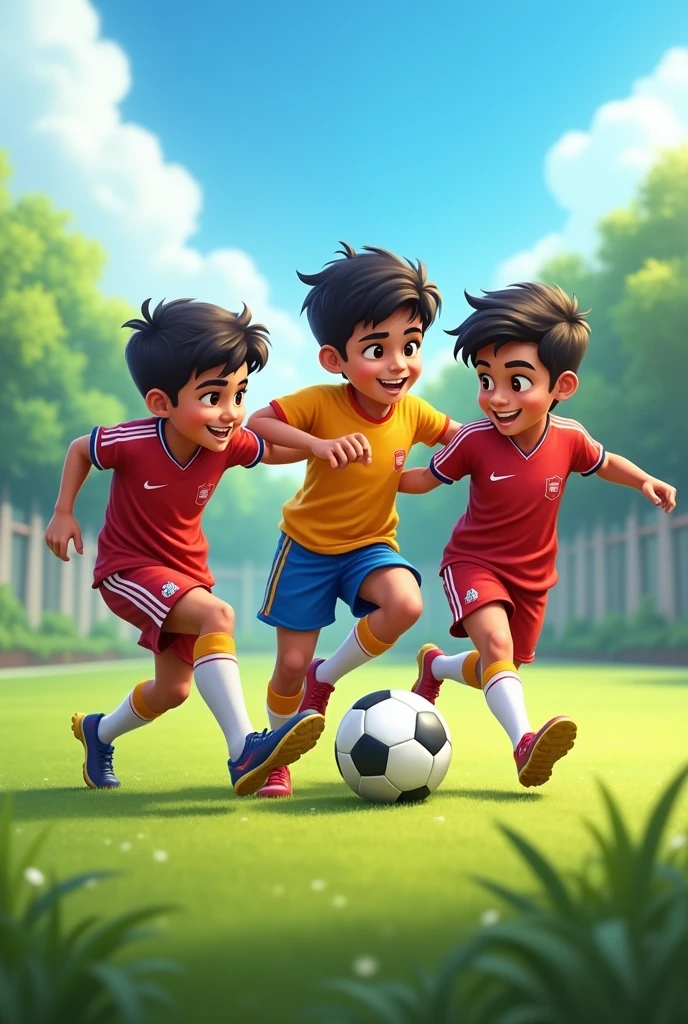 3 friends playing football match the boy name shubham and another name Sukit and last name arjun 