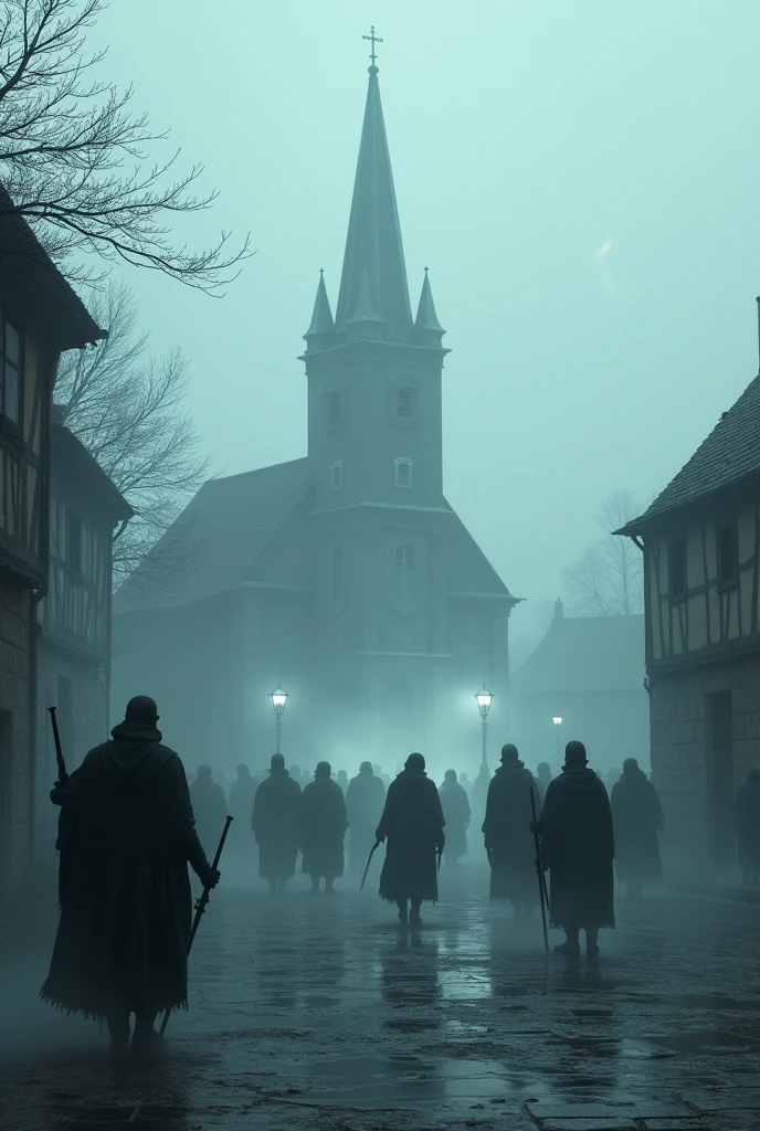 The village church looms in the background as the soldiers gather in the square, their ghostly forms flickering in and out of sight like shadows in the fog."