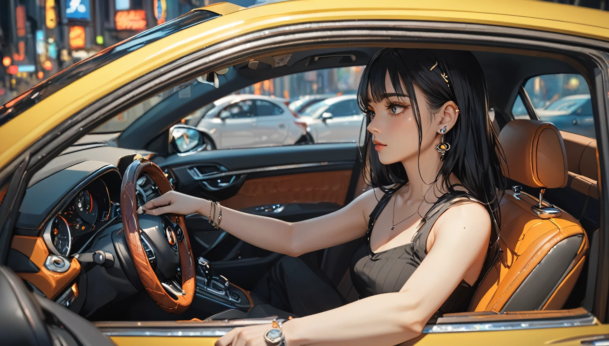 (Highest quality、In 8K、32K、masterpiece、Hmph、Ultra-high resolution、Impressionism、Photorealistic:1.2), Cowboy Shot、Sharp focus、Detailed face and eyes、Highest quality, Neon Art,Woman Driving,Holding the handle with the right hand,Holding a cup of coffee in his left hand,Right-hand drive car,Taken from the passenger seat,Expressionless,Have multiple piercings