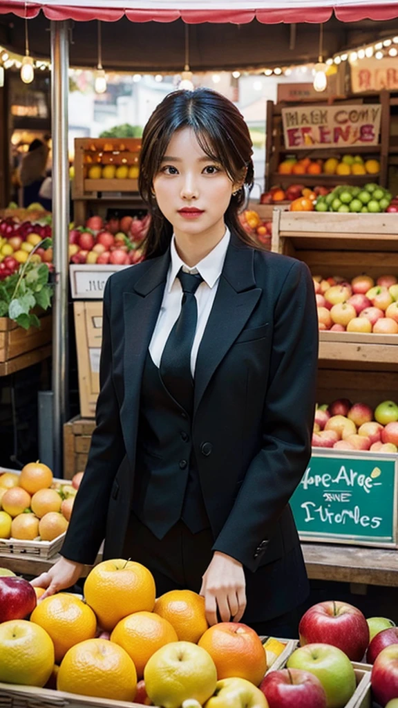  A woman in a stylish black suit with a unique tie stands confidently in front of a vibrant fruit stand, showcasing apples and oranges, Soft, even lighting highlights her features and creates a balanced composition placing her centrally, The fruit stand adds a pop of color and depth to the image, The overall aesthetic focuses on fashion and everyday life, 