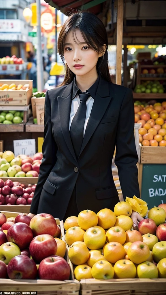  A woman in a stylish black suit with a unique tie stands confidently in front of a vibrant fruit stand, showcasing apples and oranges, Soft, even lighting highlights her features and creates a balanced composition placing her centrally, The fruit stand adds a pop of color and depth to the image, The overall aesthetic focuses on fashion and everyday life, 