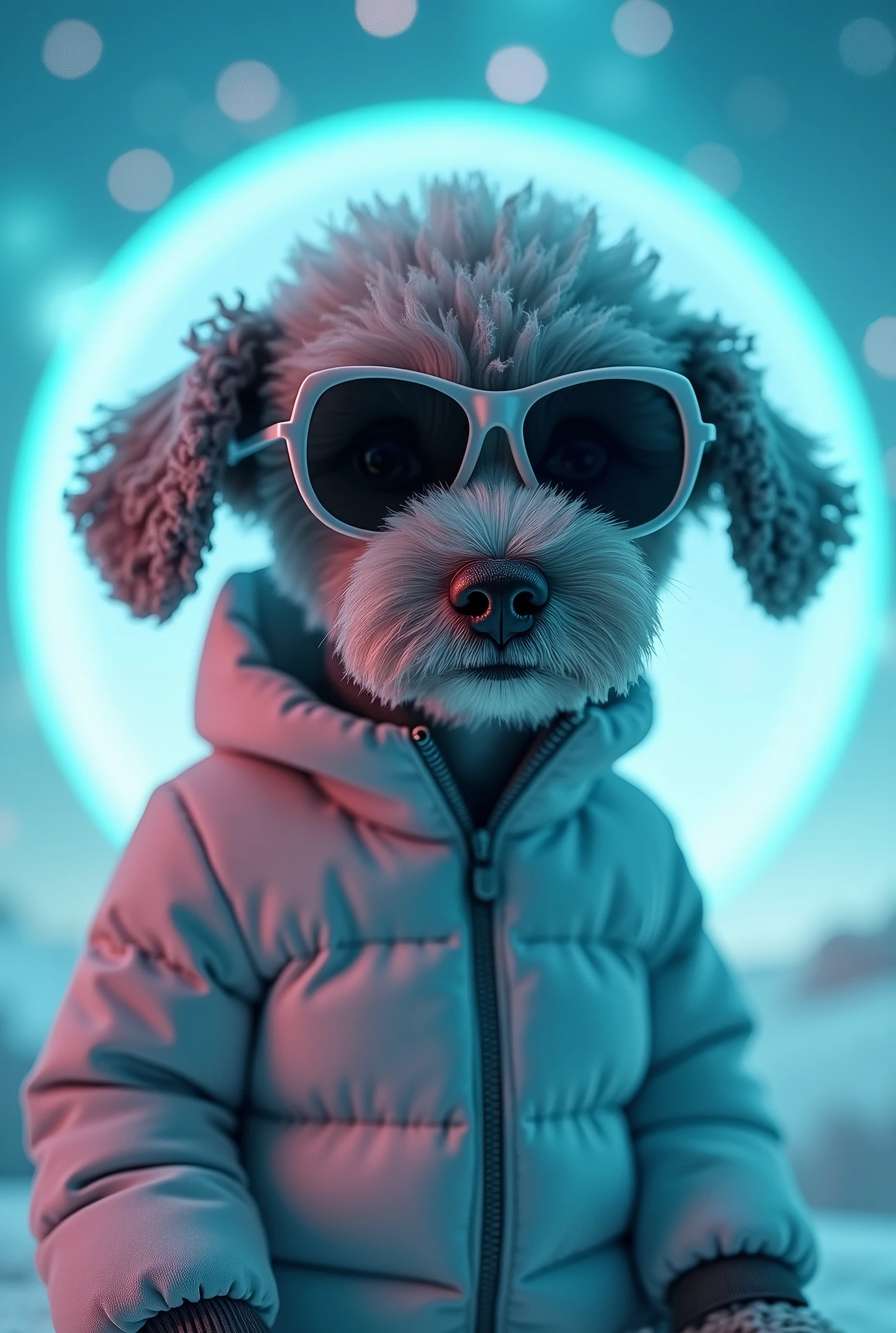 The best wallpapers, Award-Winning Wallpaper, Portrait Photography, Front view portrait of a small cute grey teddy dog，Curly。Wearing mid-1960s Space Age attire, Side view photo, Shot with Canon EOS R5, Set strong contrast to highlight the subject, Neon Blue, Wearing a very modern jacket and sunglasses is a modern 1960s style, Clothes are all one color, Beautiful Background Heaven God