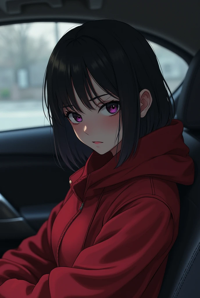 A anime adult
girl looking weirdly and sad sitting in backseat of car wearing a red colour coat half pic