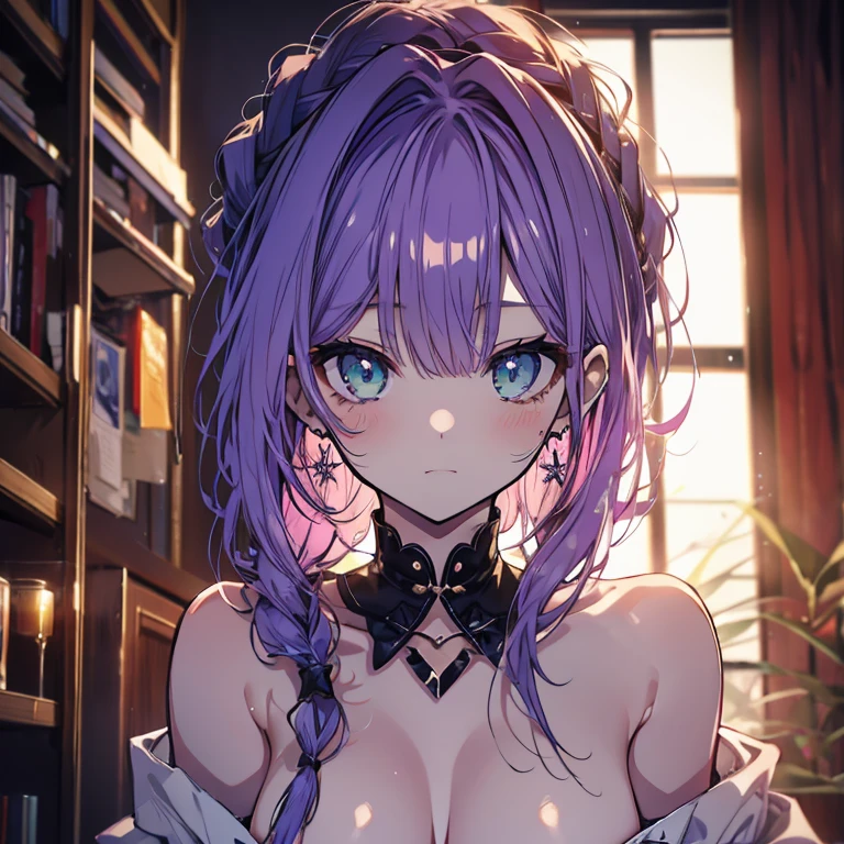 1 person、Mature、Ample breasts、Purple Hair、Long Hair、Emerald green eyes、ponytail、Braid、Voluminous hair、Earrings、naked、Nipples、Embarrassing、Blushing、Blushing、indoor、High resolution、Highest quality
