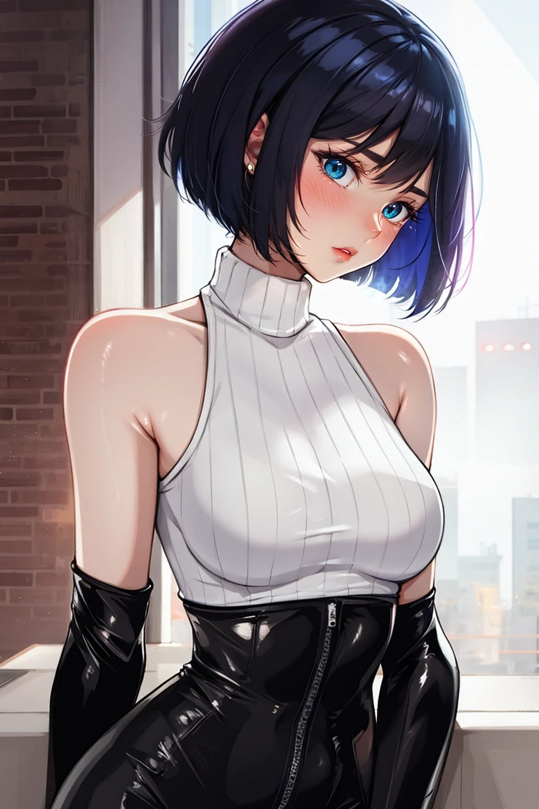 A beautiful detailed cyberpunk girl with Lucy (cyberpunk), bare shoulders, blue eyes, bust, tight bodysuit, looking at the viewer, medium bust, off-shoulder jacket, off-shoulder, red eyeliner, short hair, sleeveless turtleneck bodysuit, solitary, turtleneck bodysuit, white hair, ((masterpiece)) (best quality, masterpiece)