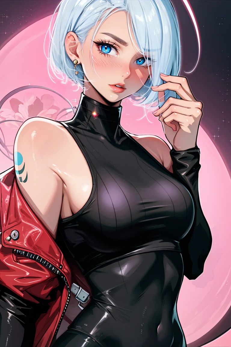 A beautiful detailed cyberpunk girl with Lucy (cyberpunk), bare shoulders, blue eyes, bust, tight bodysuit, looking at the viewer, medium bust, off-shoulder jacket, off-shoulder, red eyeliner, short hair, sleeveless turtleneck bodysuit, solitary, turtleneck bodysuit, white hair, ((masterpiece)) (best quality, masterpiece)