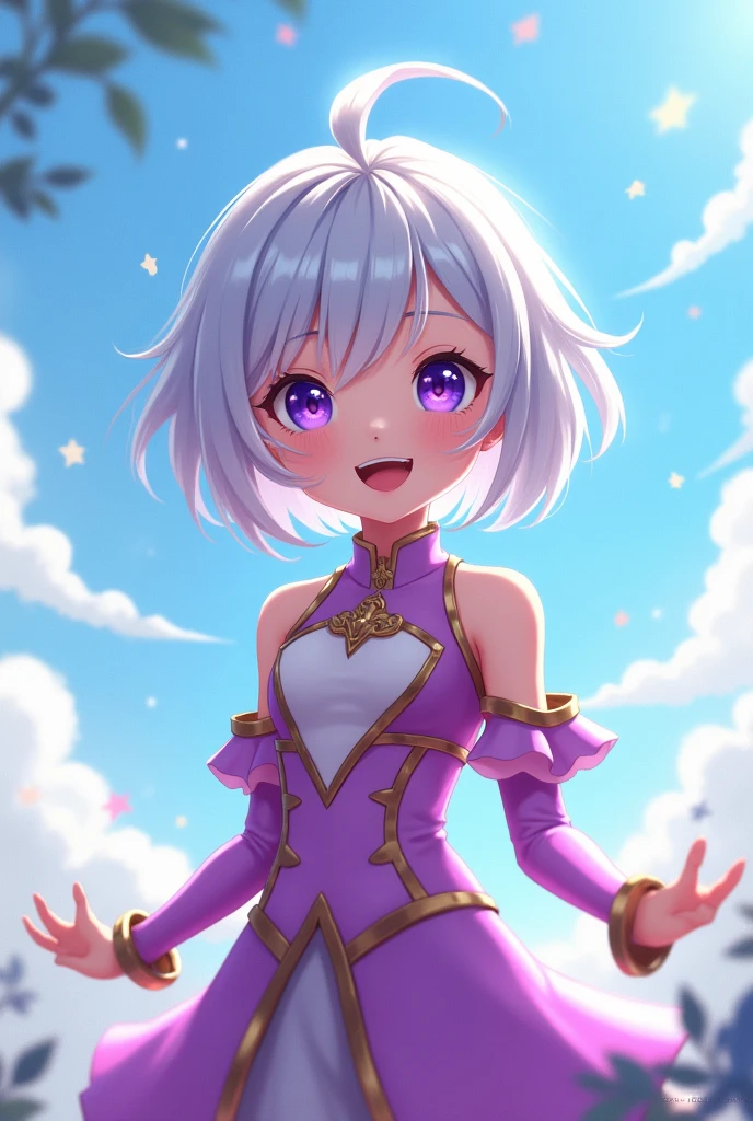 1girl magical uniform smile short hair silver hair purple eye sky